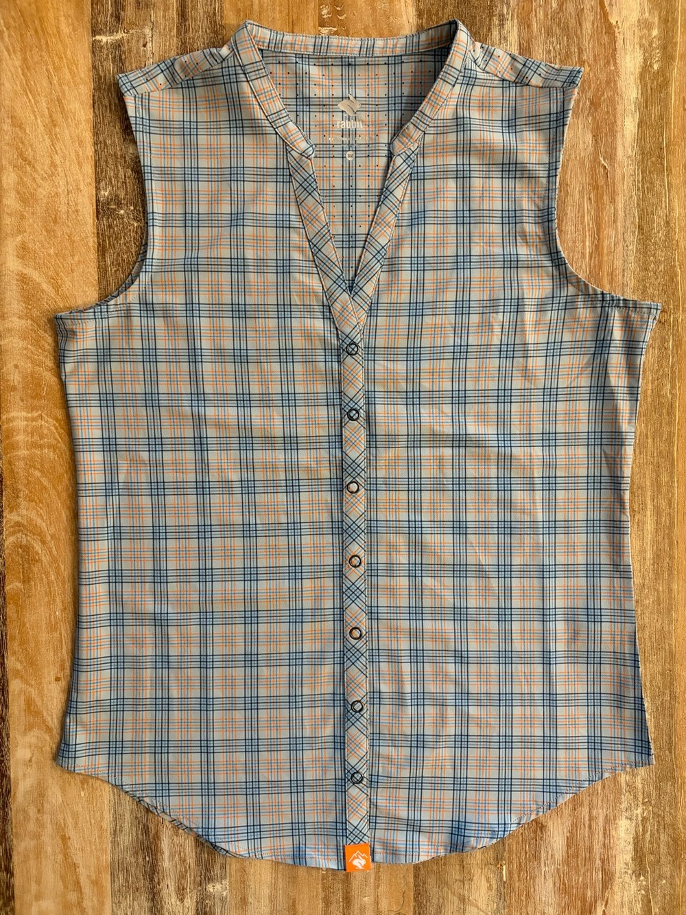 Rabbit High Country Top Small Sleeveless Snap Button Plaid Blue Orange